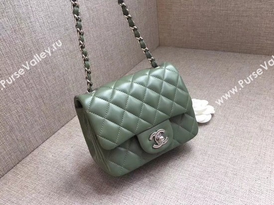 Chanel Classic MINI Flap Bag original Sheepskin Leather A1115 green silver chain