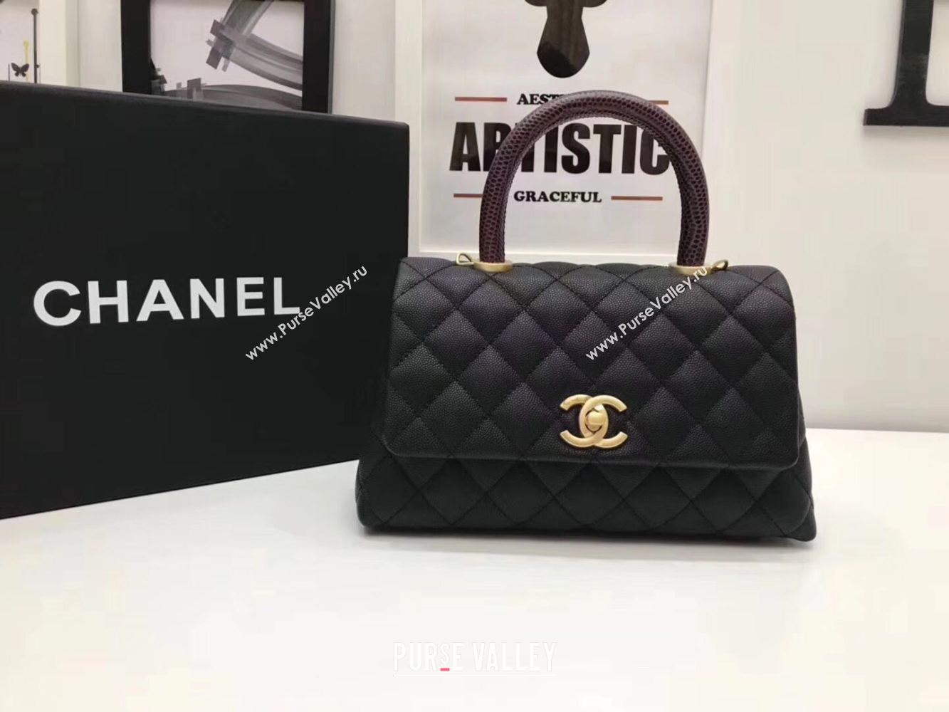 Chanel Classic Top Handle Bag black Cannage Pattern A92290 Gold