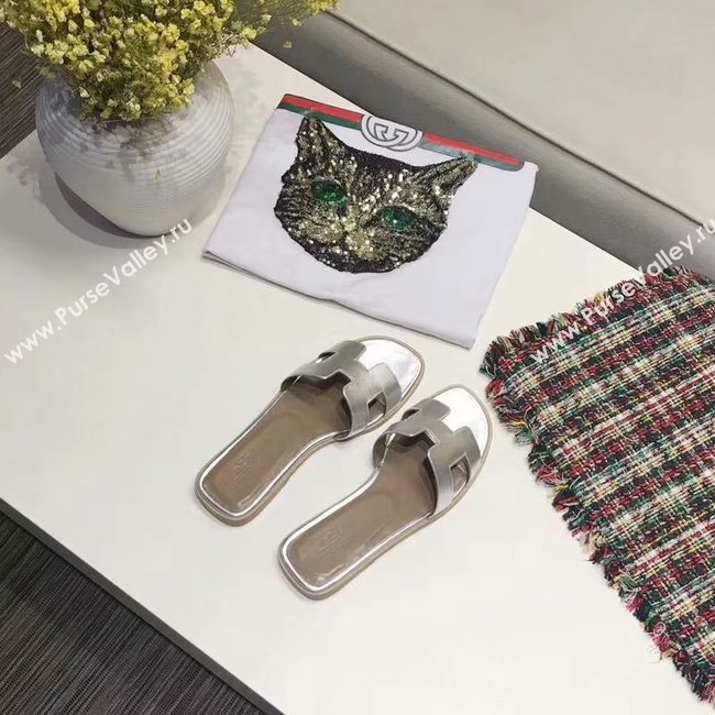 Hermes lady leather fashion Slipper HO809HMJ silver