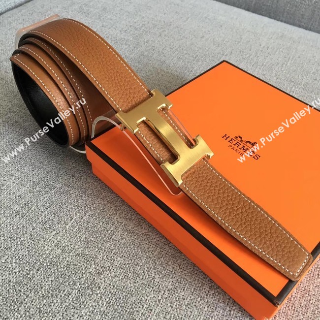 Hermes original togo 2 belt buckle & Reversible leather strap 32 mm H06454 brown  gold plated metal 