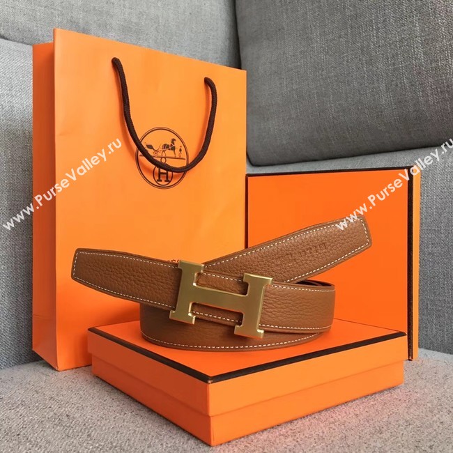 Hermes original togo 2 belt buckle & Reversible leather strap 32 mm H06454 brown  gold plated metal 