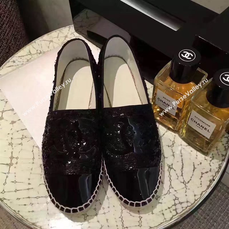 Chanel lambskin v canvas black flat shoes 3949