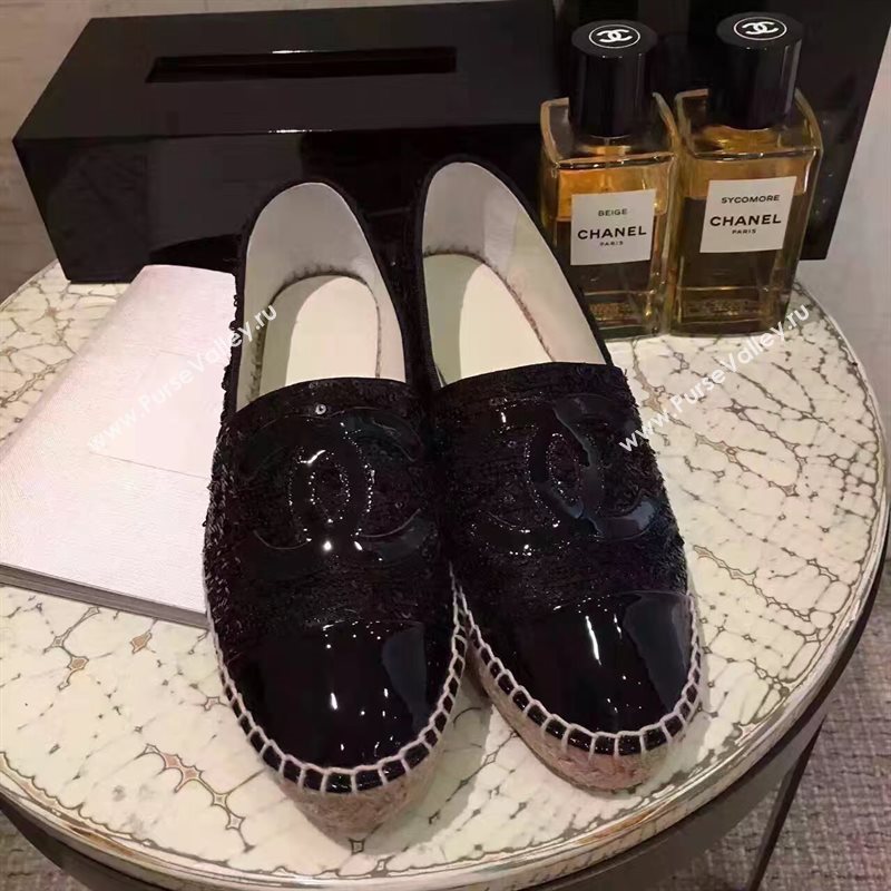 Chanel lambskin v canvas black flat shoes 3949