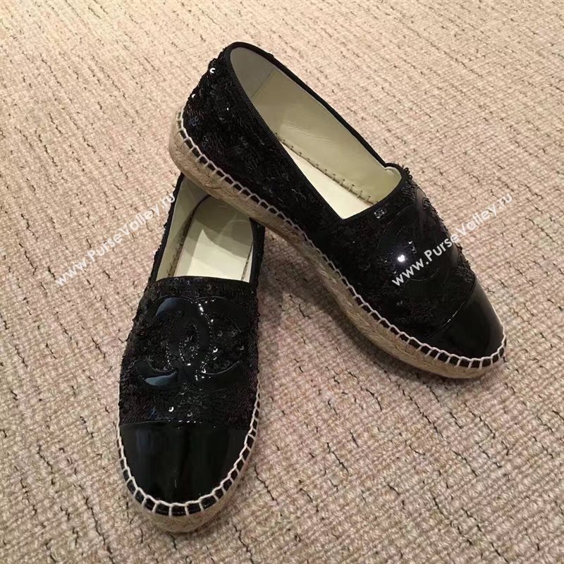 Chanel lambskin v canvas black flat shoes 3949