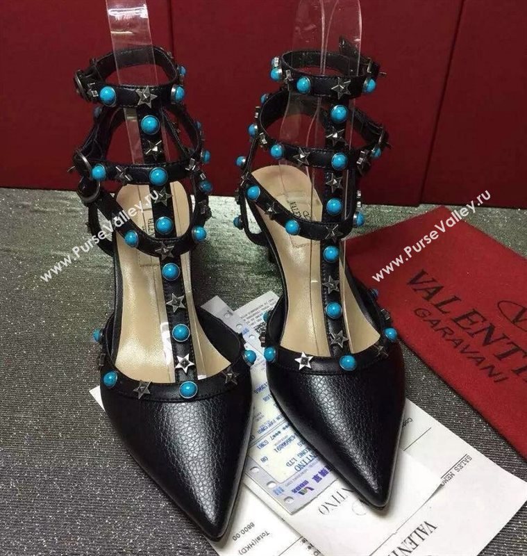Valentino calfskin black sandals stud heels shoes 3975