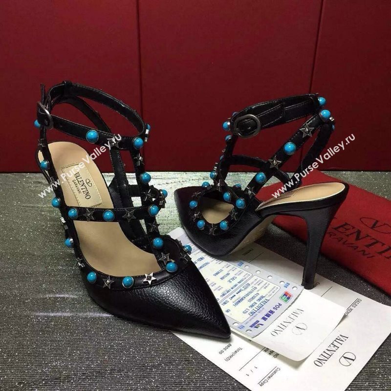 Valentino black calfskin sandals stud heels shoes 3976