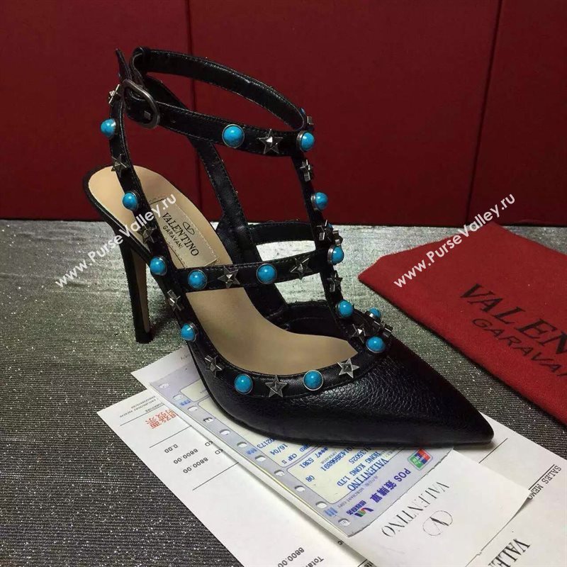 Valentino black calfskin sandals stud heels shoes 3976