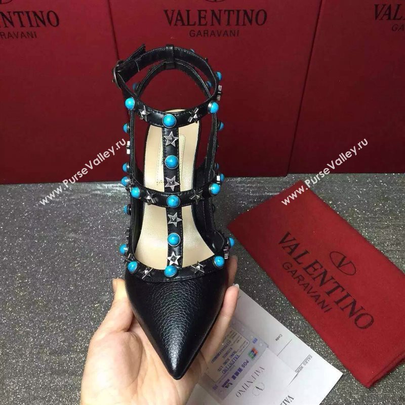 Valentino black calfskin sandals stud heels shoes 3976