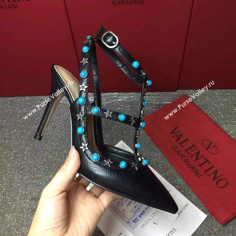 Valentino black calfskin sandals stud heels shoes 3976