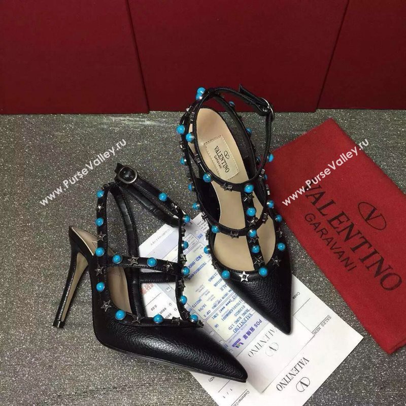 Valentino black calfskin sandals stud heels shoes 3976