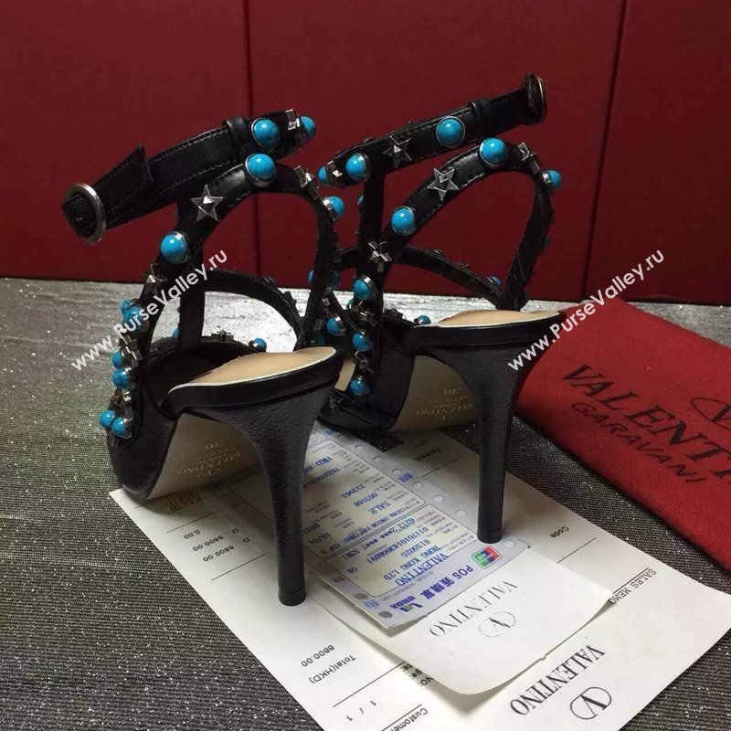 Valentino black calfskin sandals stud heels shoes 3976