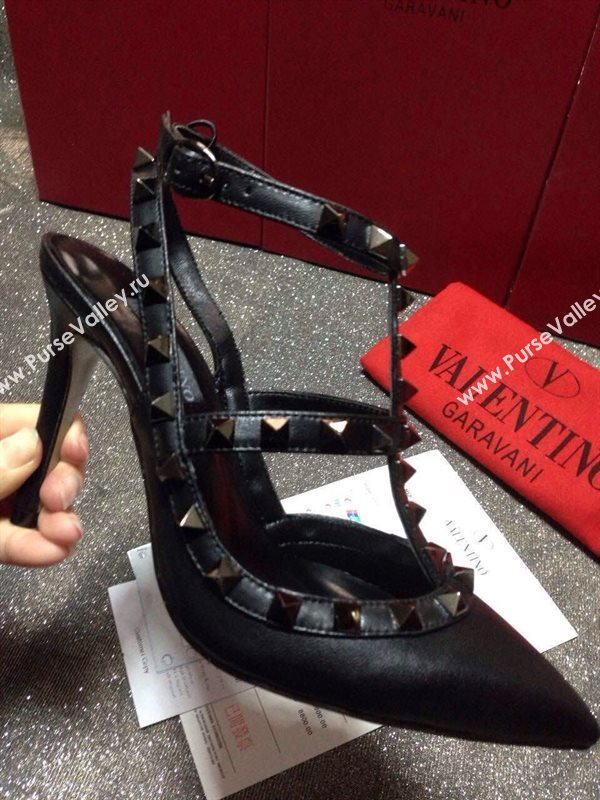 Valentino smooth black sandals stud heels shoes 4037