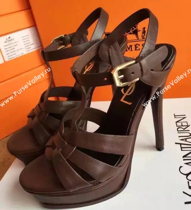 YSL tribute heels sandals smooth brown calfskin shoes 4123