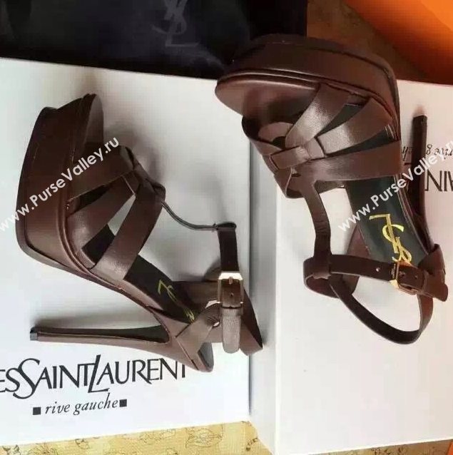 YSL tribute heels sandals smooth brown calfskin shoes 4123