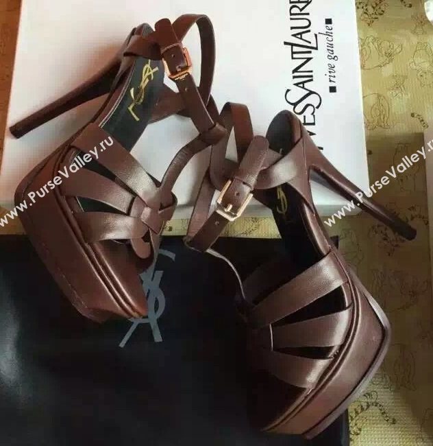 YSL tribute heels sandals smooth brown calfskin shoes 4123