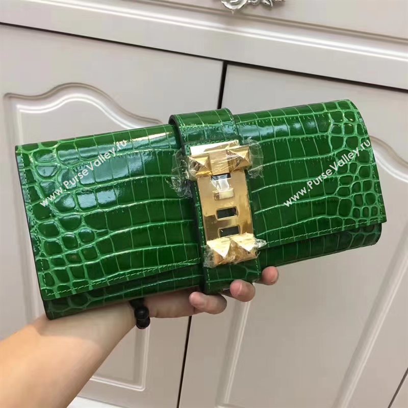 Hermes large crocodile clutch green bag 5071