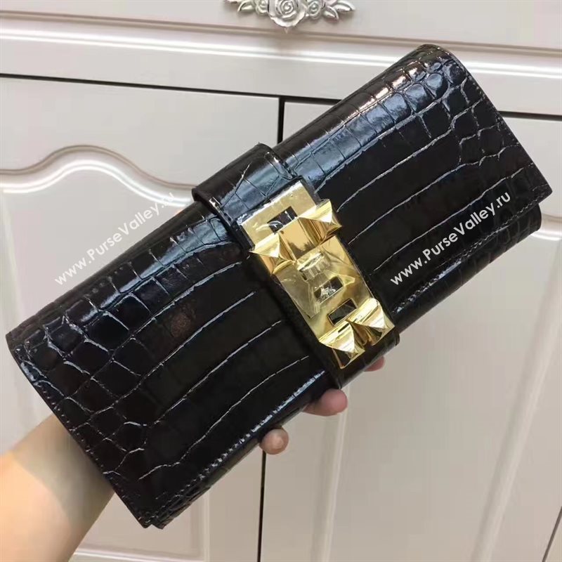 Hermes large crocodile clutch black bag 5077