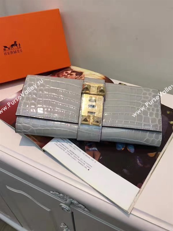 Hermes large crocodile clutch gray bag 5078