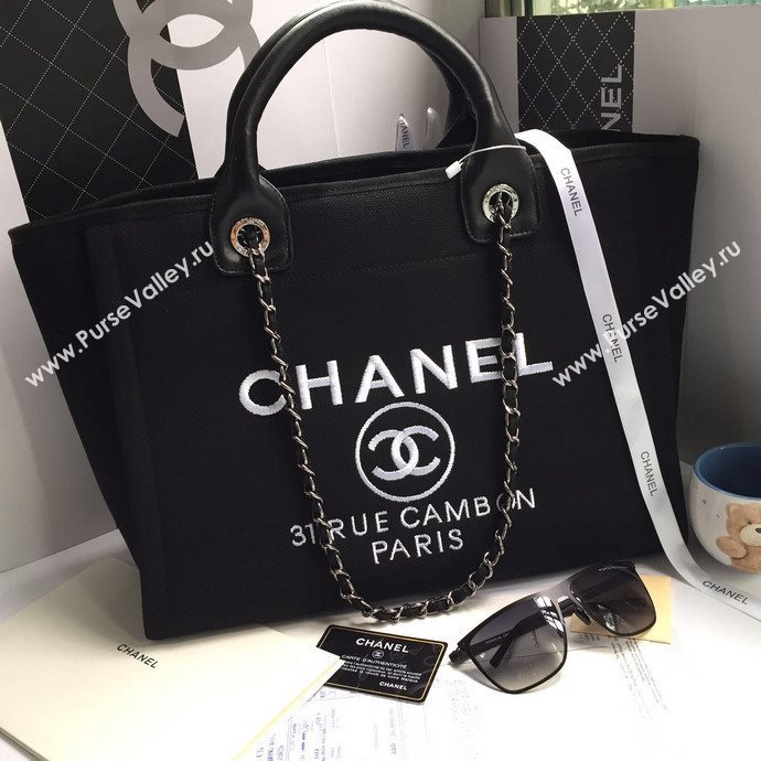 Chanel 68046 large canvas shopping tote handbag black bag 5662