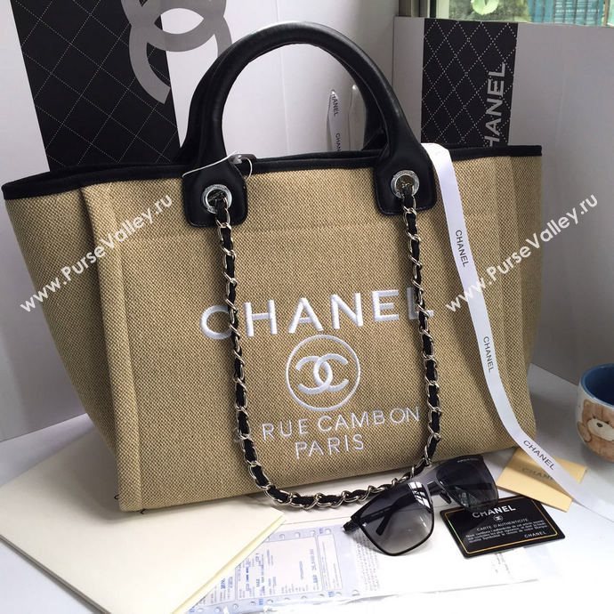 Chanel 68046 large canvas shopping tote handbag apricot bag 5663