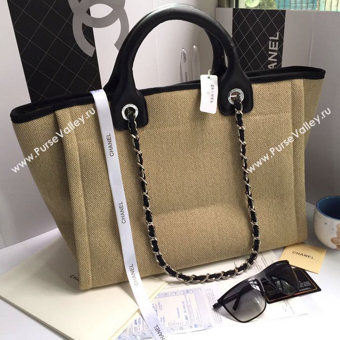 Chanel 68046 large canvas shopping tote handbag apricot bag 5663