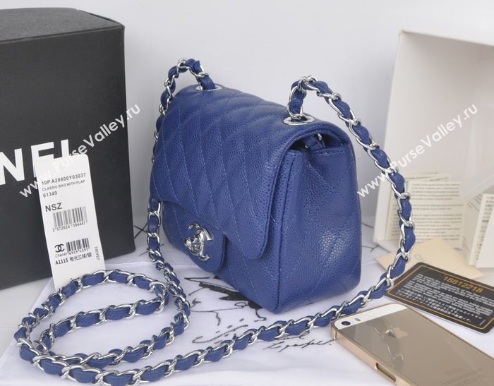 Chanel A1115 caviar lambskin small classic flap handbag blue bag 5789