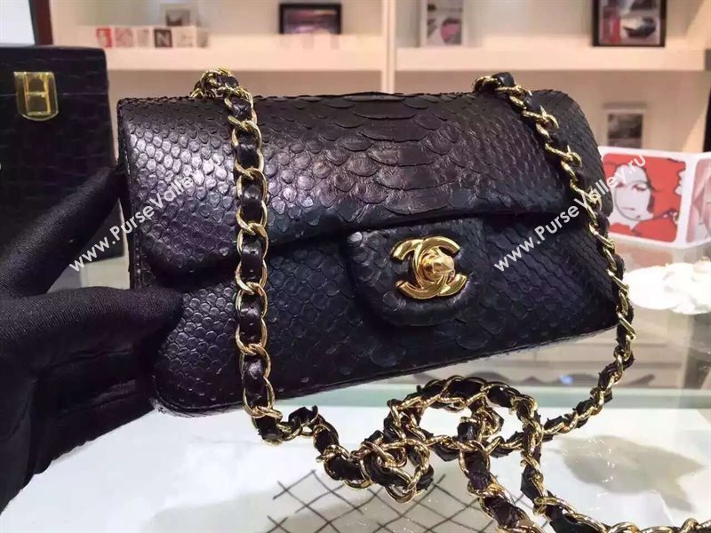 Chanel A1116 python small classic flap handbag black bag 5856