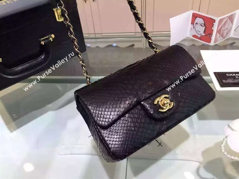 Chanel A1116 python small classic flap handbag black bag 5856