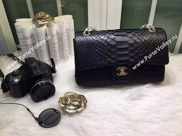 Chanel A1112 python classic flap handbag black bag 5874