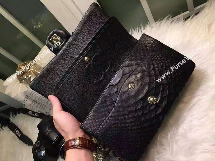 Chanel A1112 python classic flap handbag black bag 5874