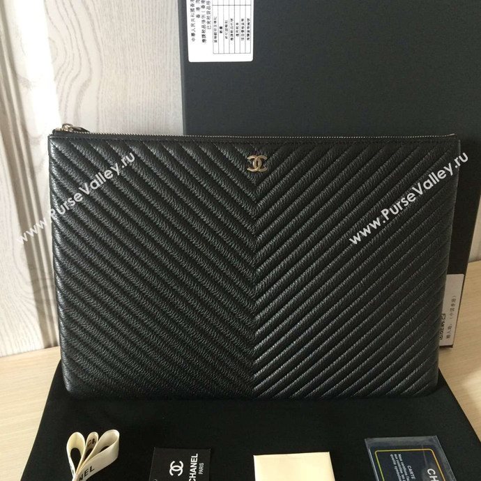 Chanel A82254 deerskin large clutch handbag black bag 6033