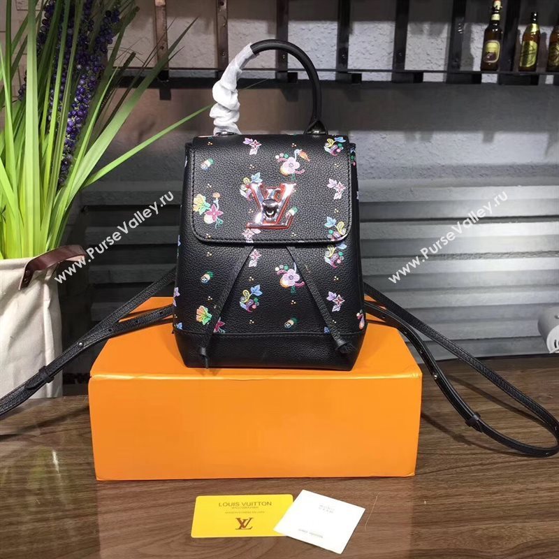 M54848 LV Louis Vuitton Lockme Mini Backpack Bag Real Leather Handbag Black Flower 6691