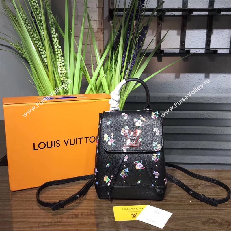 M54848 LV Louis Vuitton Lockme Mini Backpack Bag Real Leather Handbag Black Flower 6691