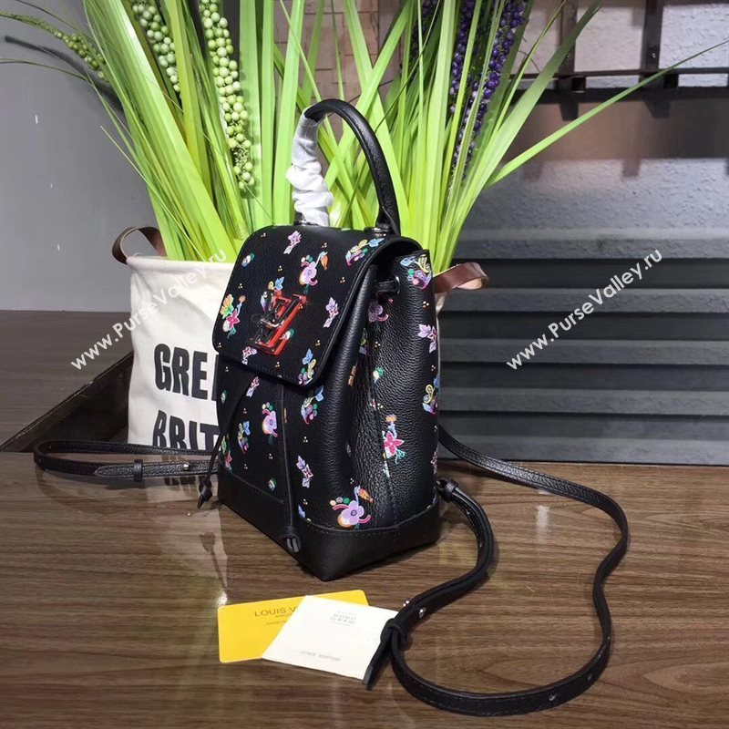 M54848 LV Louis Vuitton Lockme Mini Backpack Bag Real Leather Handbag Black Flower 6691