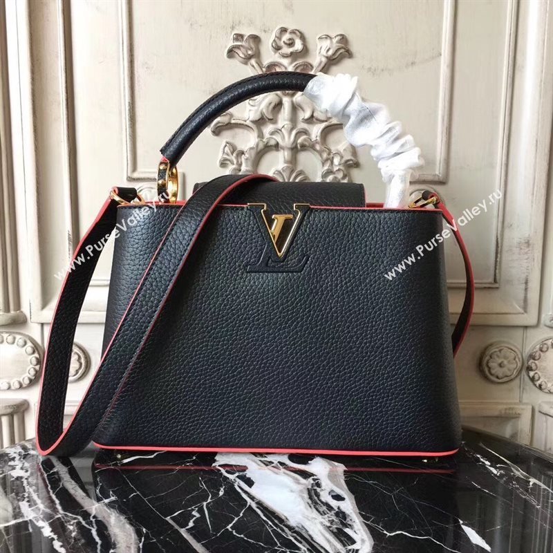 LV Louis Vuitton Capucines PM Bag Real Leather Shoulder Handbag M42242 Black with Red 6841