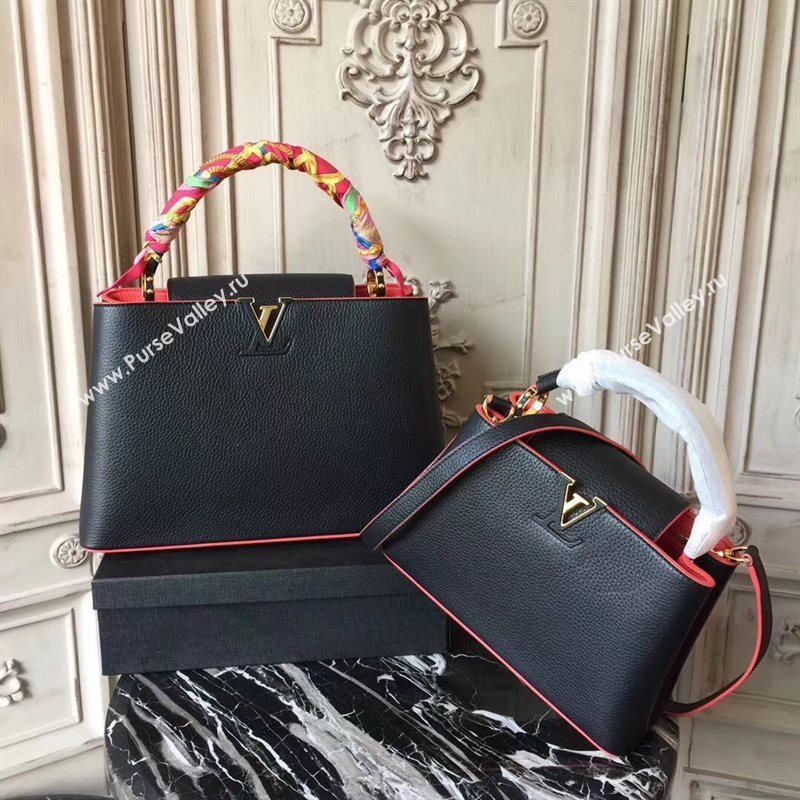 LV Louis Vuitton Capucines PM Bag Real Leather Shoulder Handbag M42242 Black with Red 6841