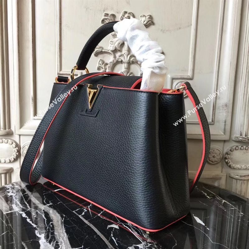 LV Louis Vuitton Capucines PM Bag Real Leather Shoulder Handbag M42242 Black with Red 6841