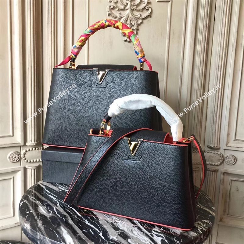 LV Louis Vuitton Capucines MM Bag Real Leather Tote Handbag M48864 Black with Red 6842