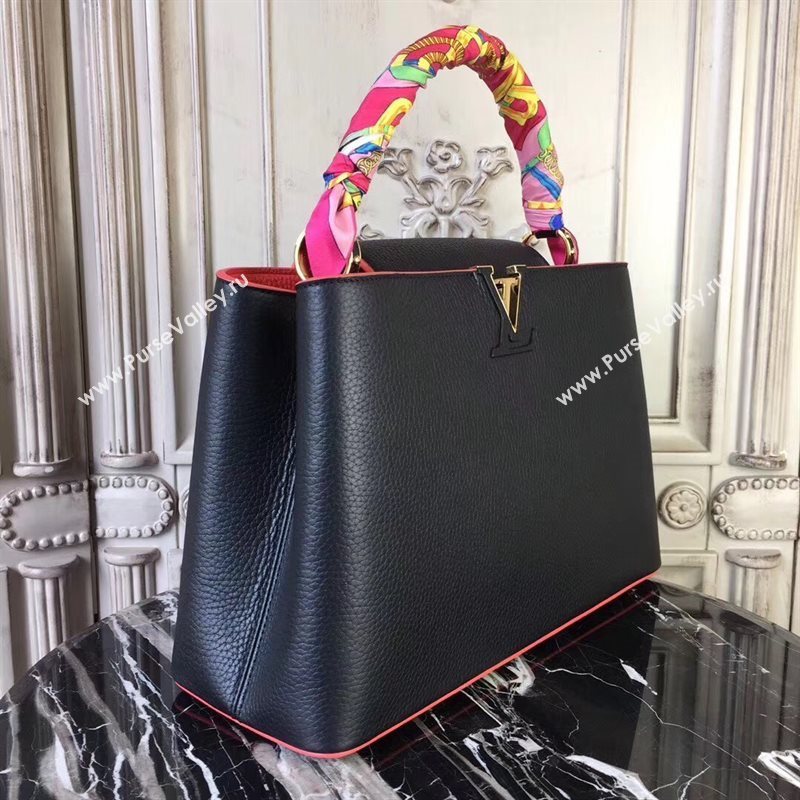 LV Louis Vuitton Capucines MM Bag Real Leather Tote Handbag M48864 Black with Red 6842