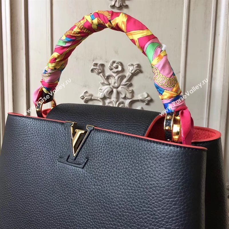 LV Louis Vuitton Capucines MM Bag Real Leather Tote Handbag M48864 Black with Red 6842