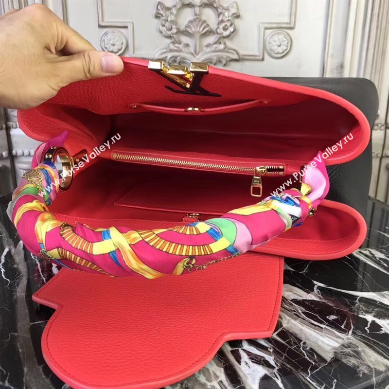 LV Louis Vuitton Capucines MM Bag Real Leather Tote Handbag M48864 Black with Red 6842