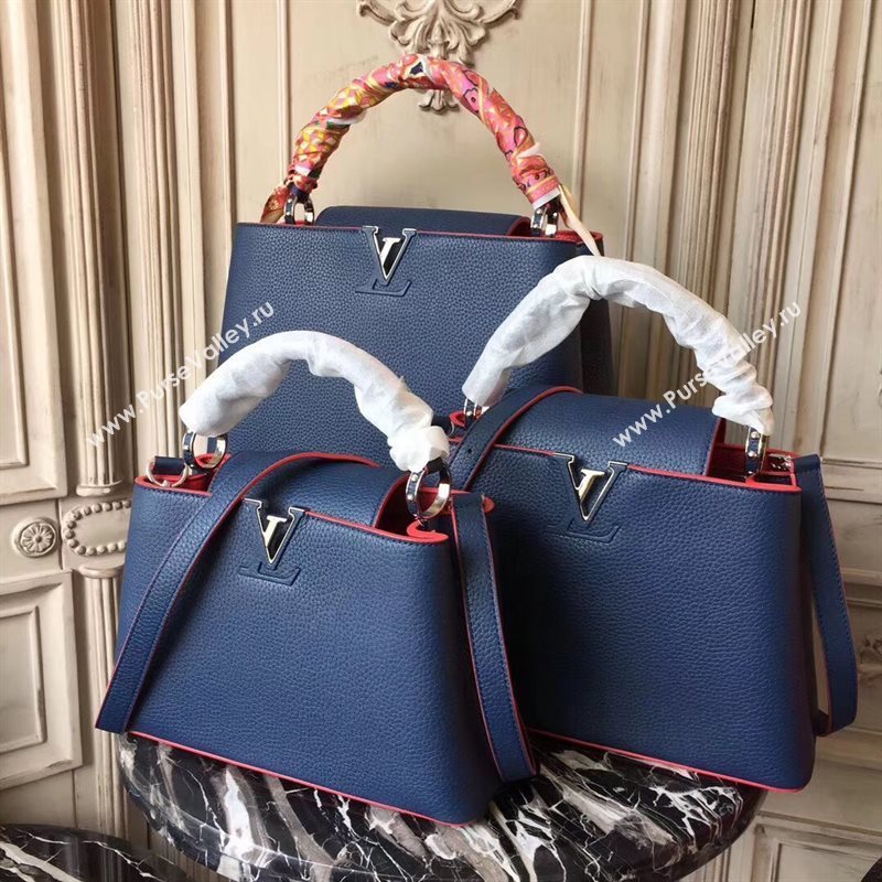 LV Louis Vuitton Capucines PM Bag Real Leather Shoulder Handbag M42245 Blue 6844