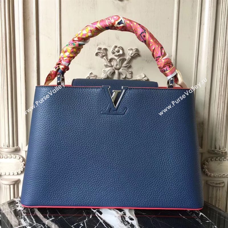 LV Louis Vuitton Capucines MM Bag Real Leather Tote Handbag M41813 Blue 6845