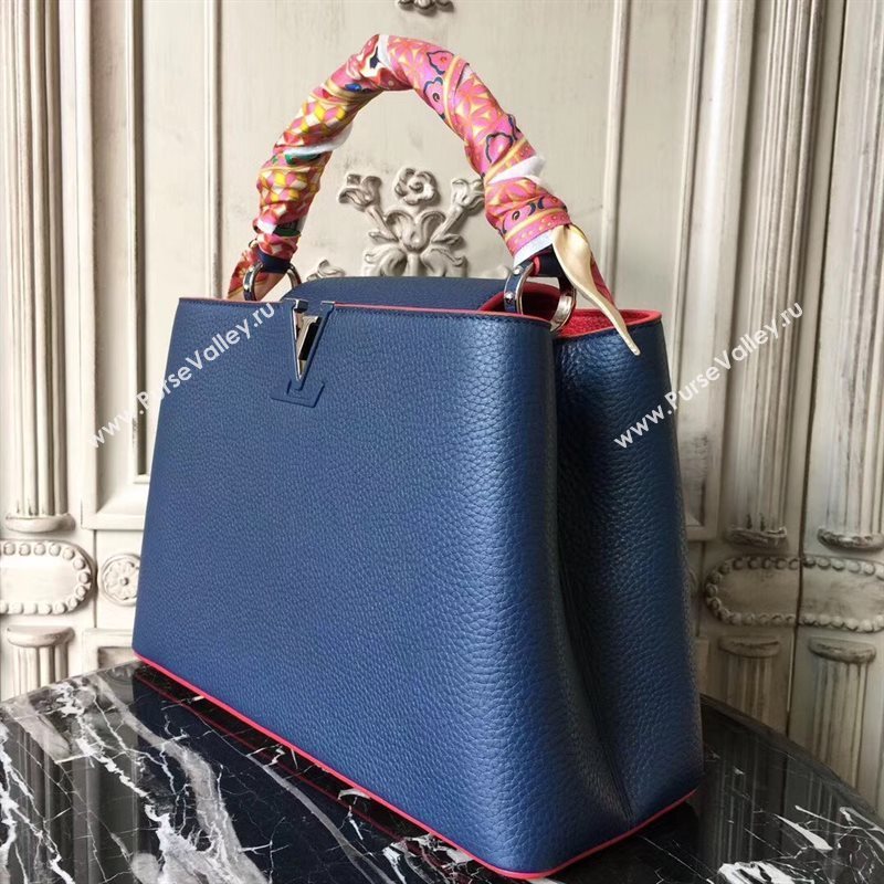 LV Louis Vuitton Capucines MM Bag Real Leather Tote Handbag M41813 Blue 6845