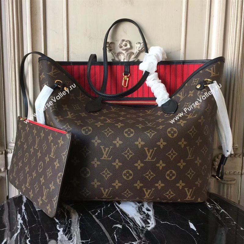 LV Louis Vuitton Neverfull 32 MM Handbag Monogram Cabas Bag M41177 Red 6856