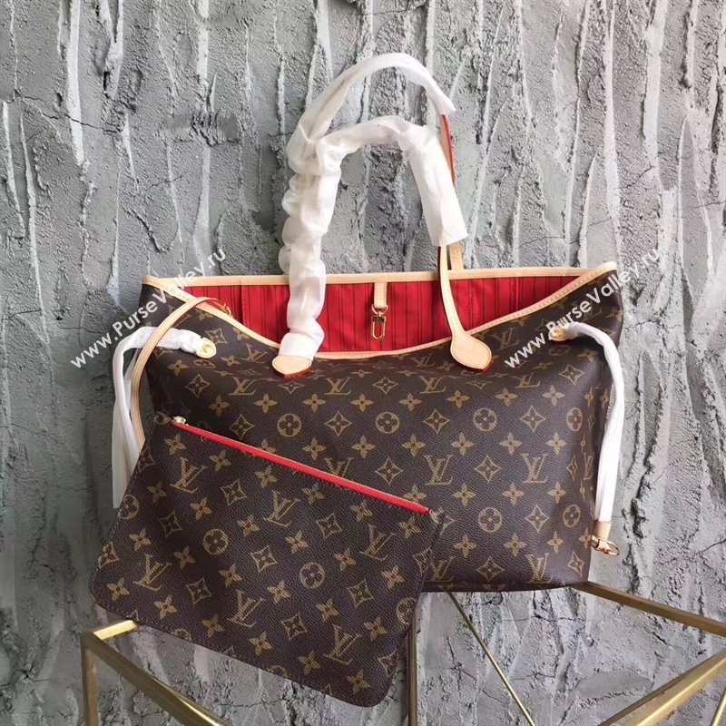 LV Louis Vuitton Neverfull MM Handbag 32cm Monogram Cabas Bag M41177 Red 6861