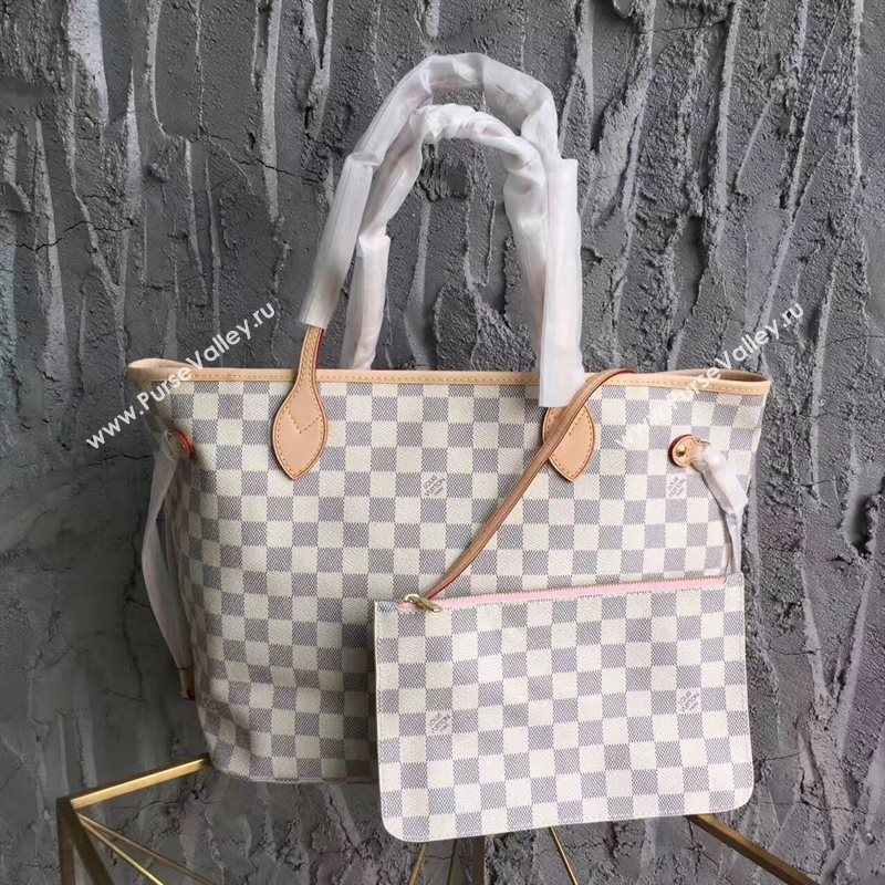 LV Louis Vuitton Neverfull MM Handbag 32cm Damier Azur Cabas Bag N41605 White&pink 6869