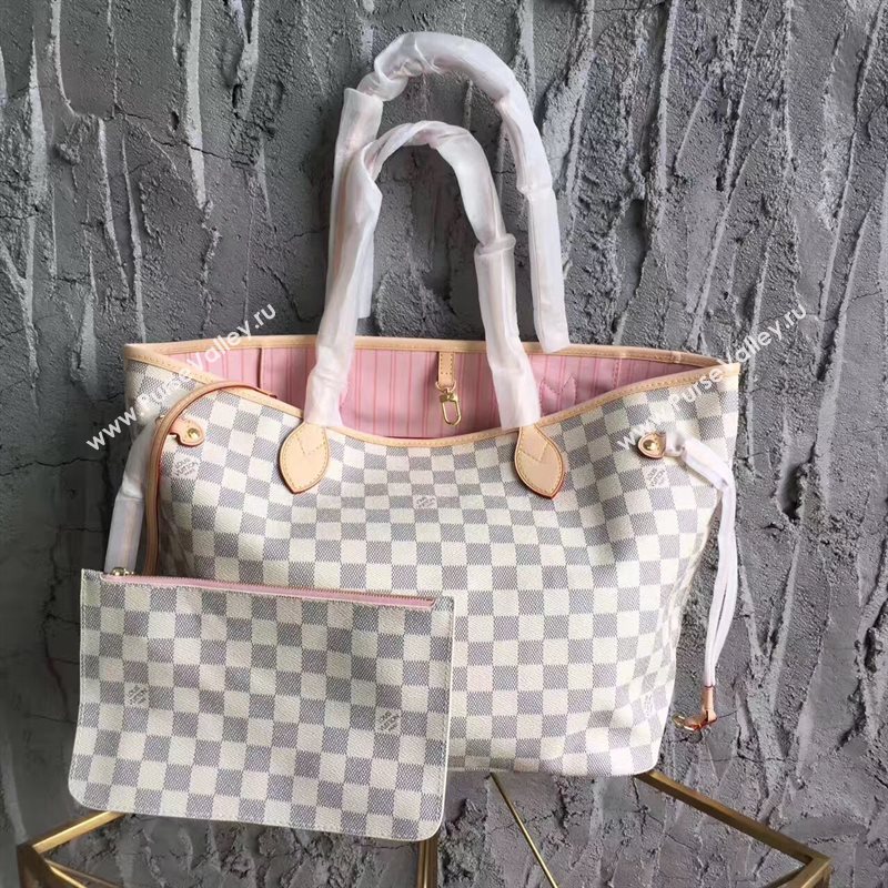 LV Louis Vuitton Neverfull MM Handbag 32cm Damier Azur Cabas Bag N41605 White&pink 6869