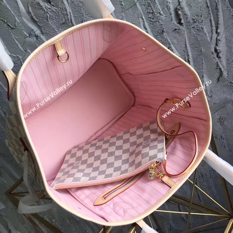 LV Louis Vuitton Neverfull MM Handbag 32cm Damier Azur Cabas Bag N41605 White&pink 6869
