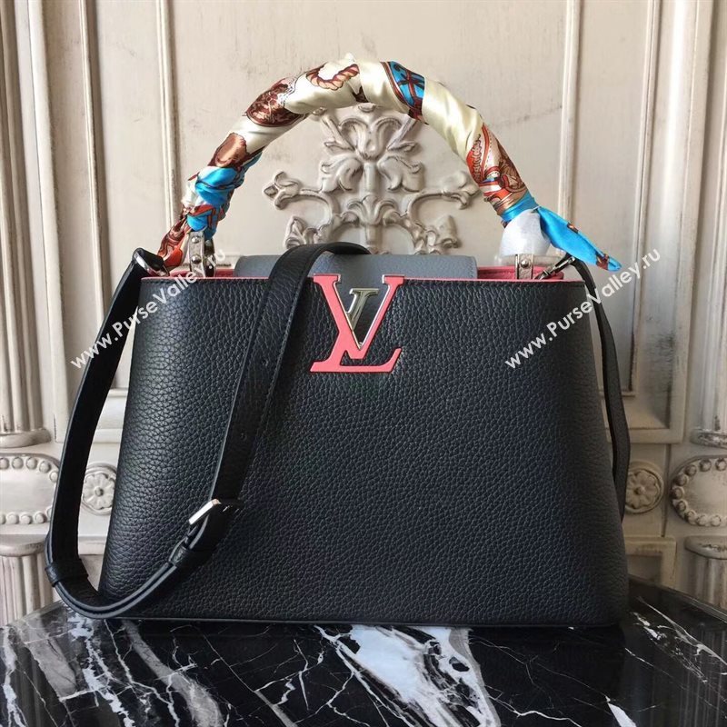 LV Louis Vuitton Capucines PM Bag Real Leather Handbag M42916 Black and Gray 6835